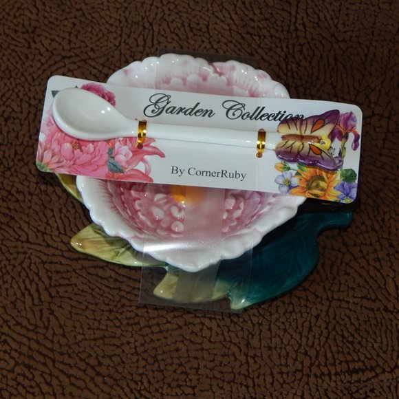 Corner Ruby Garden Collection Pink Peony Flower Tea Cup Leaf Saucer & Spoon NWT - Picture 7 of 9